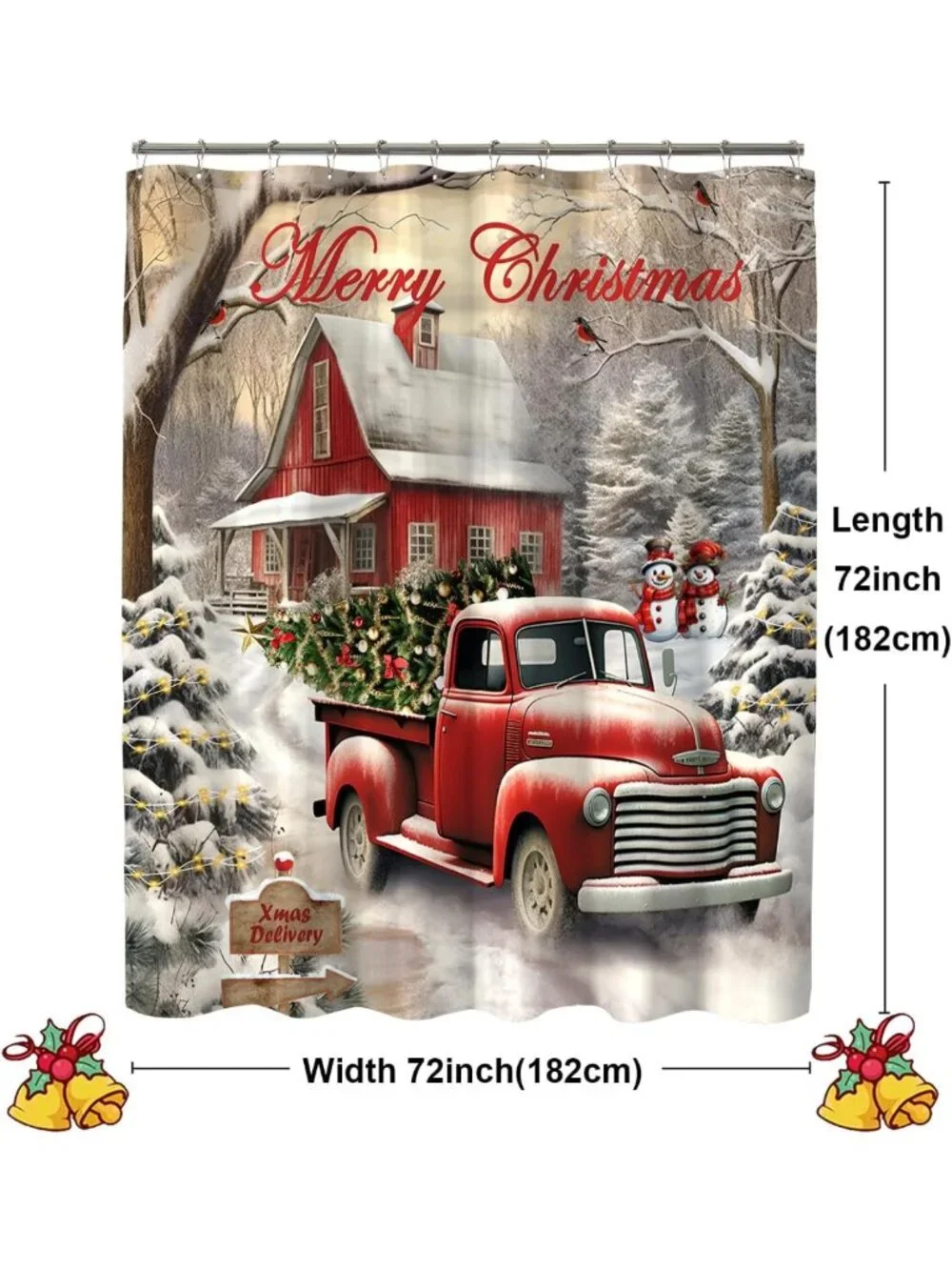 Vintage Red Truck Christmas Shower Curtain - Rustic Farmhouse Holiday Decor